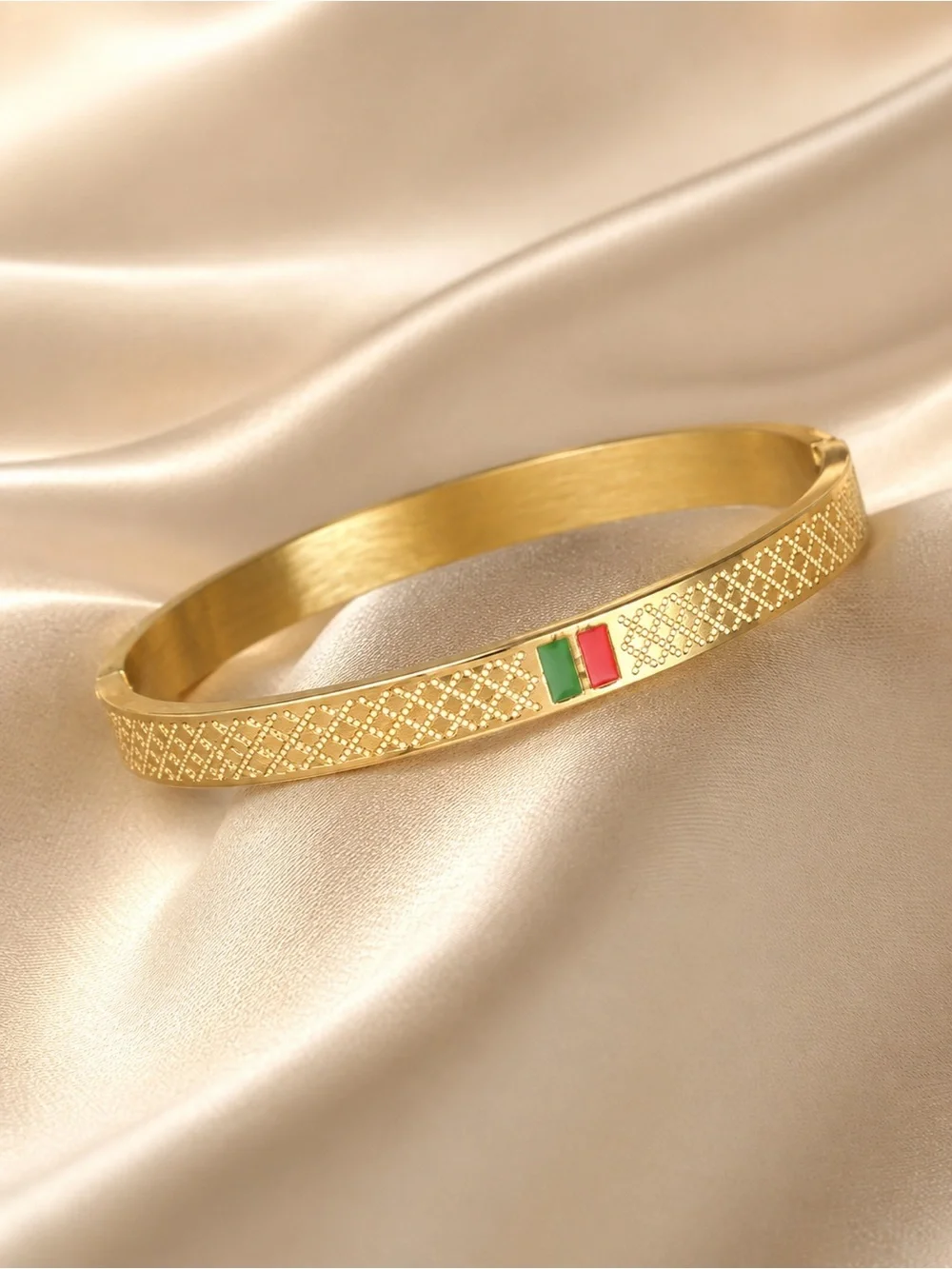 18K Gold Luxury Bangle with Green and Red Accents